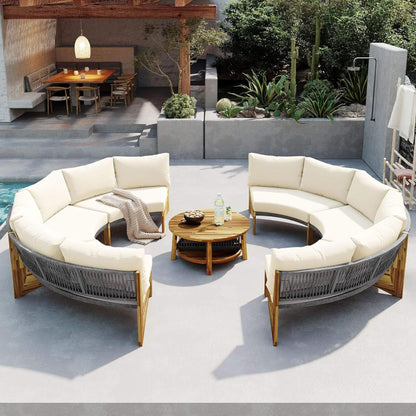 6-Person Half Moon Beige Outdoor Patio Sectional Set with Cushions and Table