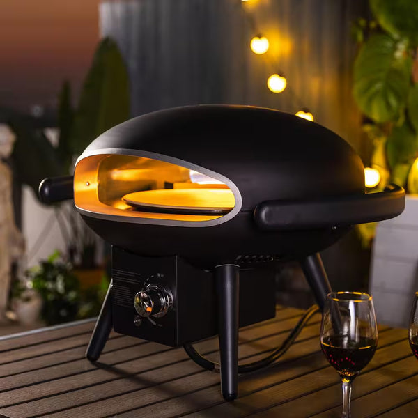 12" Propane Outdoor Pizza Oven with Automatic Rotating Stone, 950°F Max Temperature & Accessories – Black