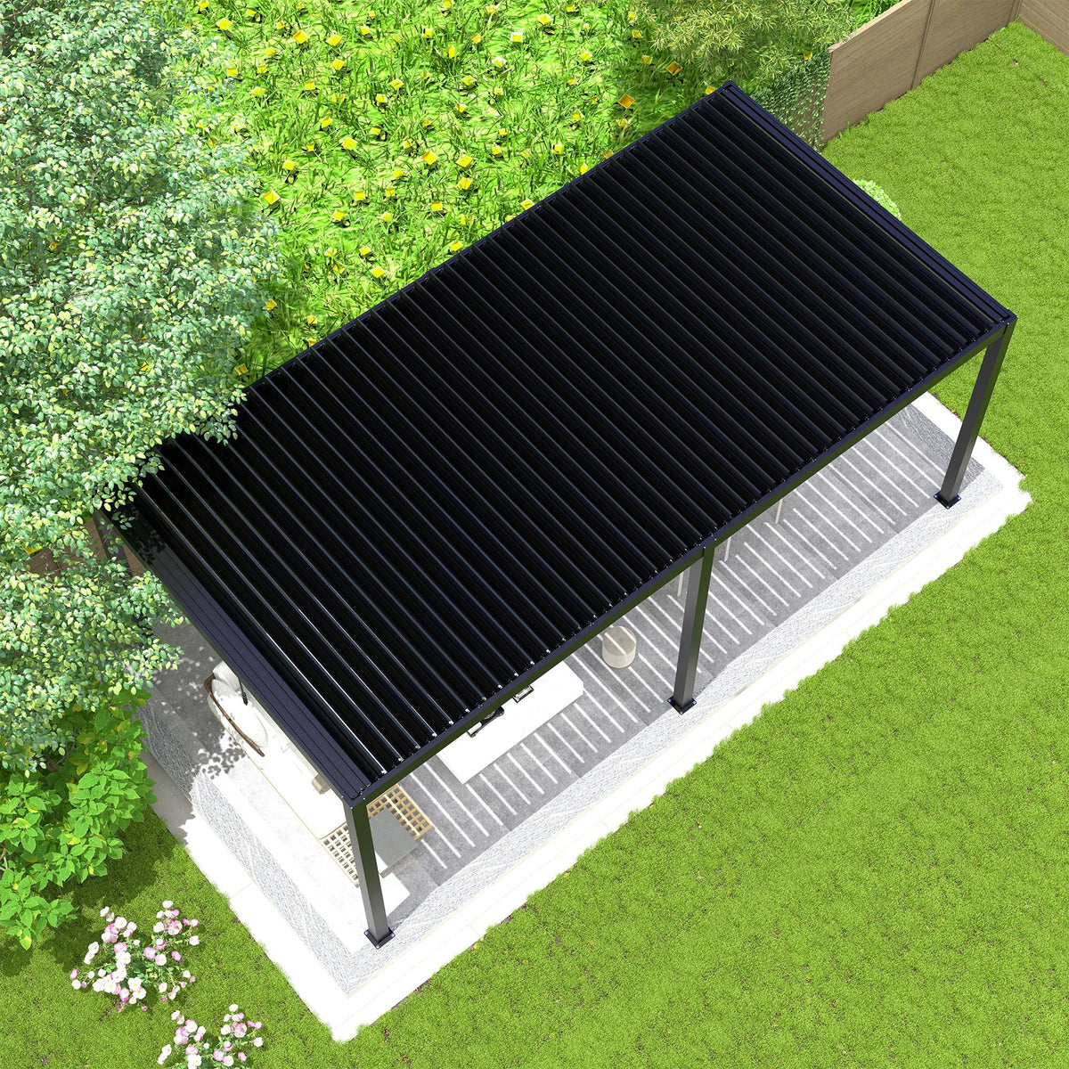 Black Louvered Pergola with Adjustable Roof, Integrated Drainage and Powder-Coated Aluminum Frame – 228 x 118 Inches