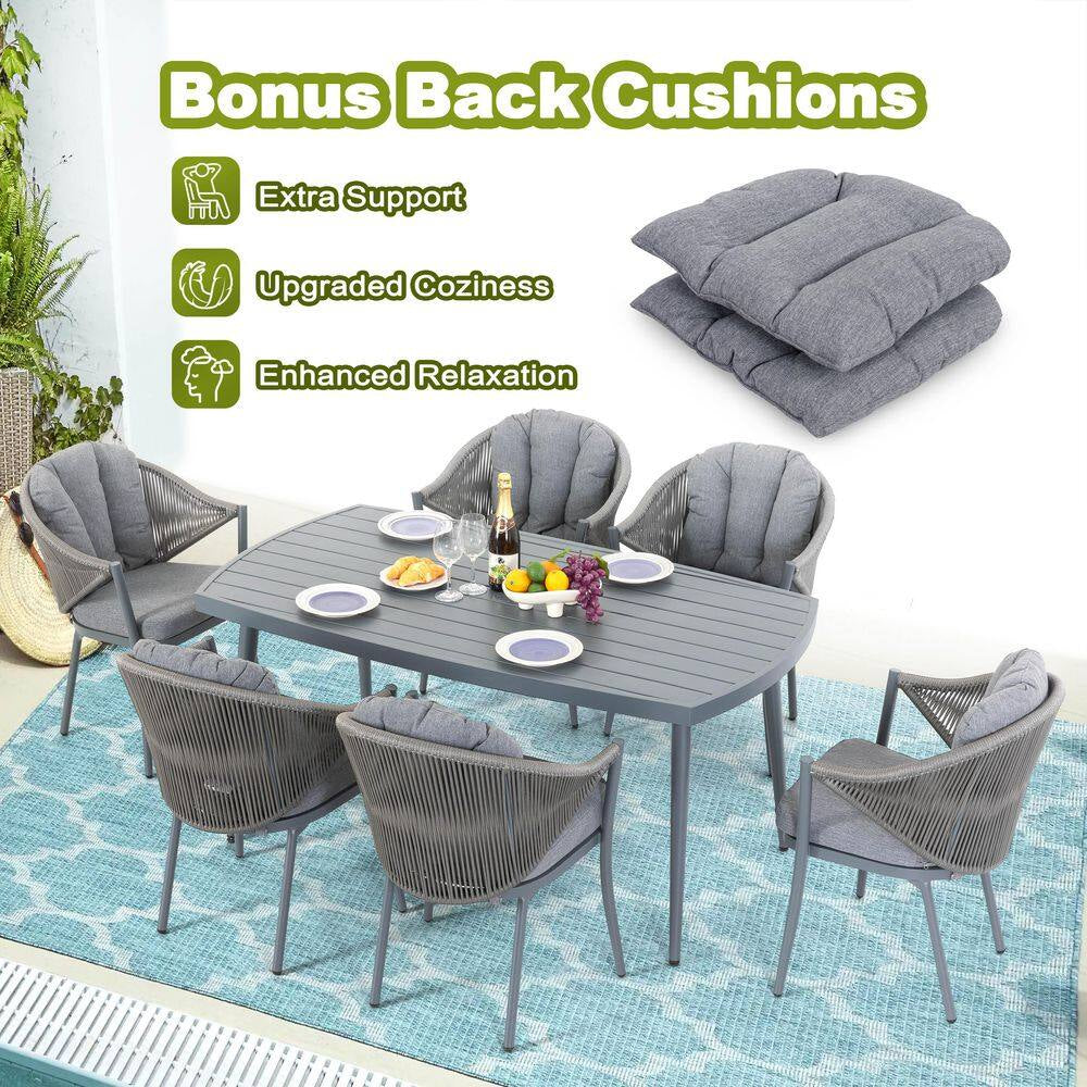 Dark Gray 7-Piece Aluminum and Woven Rope Outdoor Dining Set with Cushions and 2.76 In. Umbrella Hole