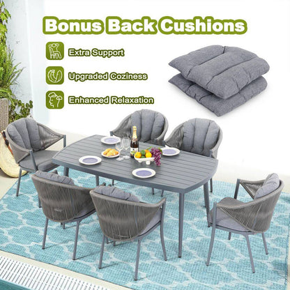 Dark Gray 7-Piece Aluminum and Woven Rope Outdoor Dining Set with Cushions and 2.76 In. Umbrella Hole