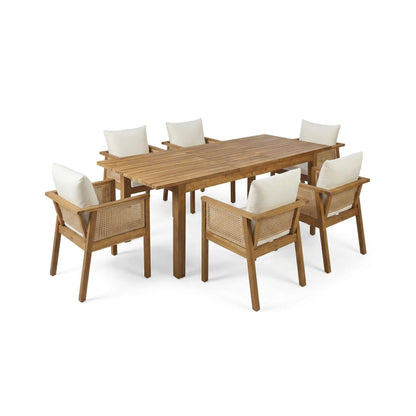 7-Piece Acacia Wood Outdoor Dining Set with Extendable Table and Cushioned Armchairs