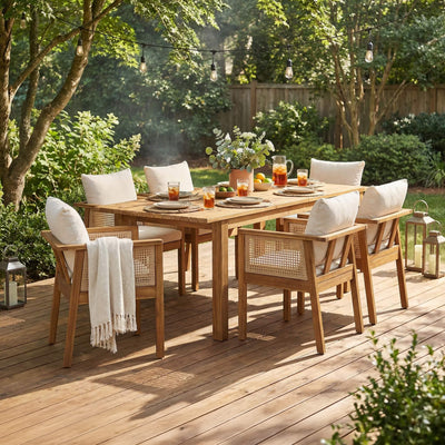 7-Piece Acacia Wood Outdoor Dining Set with Extendable Table and Cushioned Armchairs