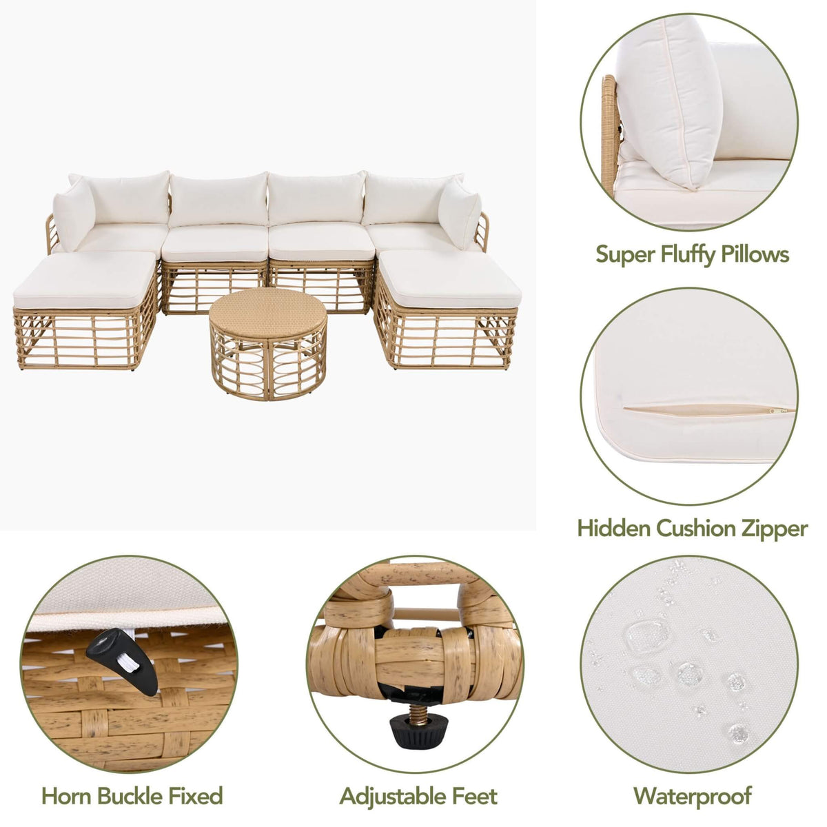 7-Piece All-Weather Rattan Outdoor Patio Sofa Set with Cushions and Coffee Table