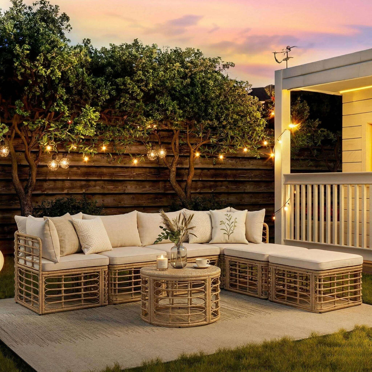 7-Piece All-Weather Rattan Outdoor Patio Sofa Set with Cushions and Coffee Table