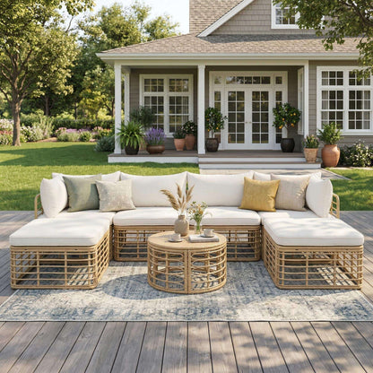 7-Piece All-Weather Rattan Outdoor Patio Sofa Set with Cushions and Coffee Table