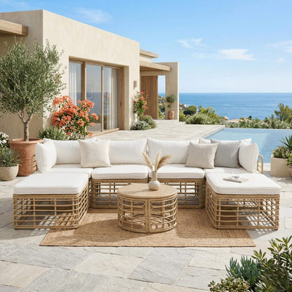7-Piece All-Weather Rattan Outdoor Patio Sofa Set with Cushions and Coffee Table