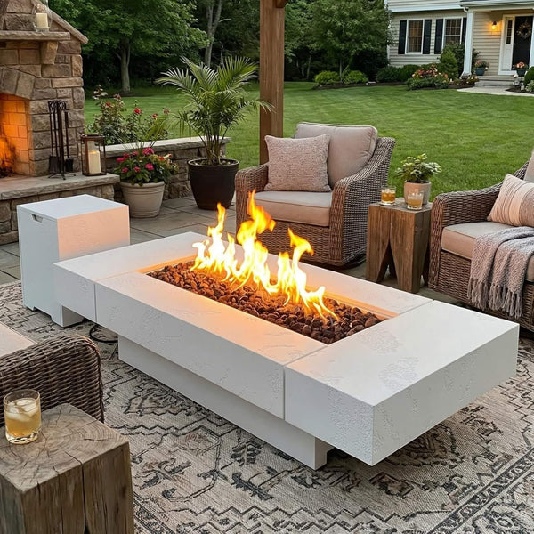 71" Outdoor Fire Pit Table with Wind Guard – 60,000 BTU, Rectangular Design
