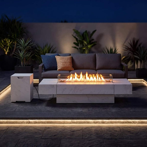 71" Outdoor Fire Pit Table with Wind Guard – 60,000 BTU, Rectangular Design