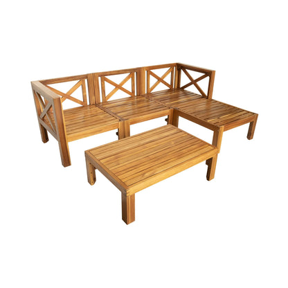 5-Piece Hardwood Outdoor Patio Sectional Sofa Set with Blue Cushions and X-Back Design