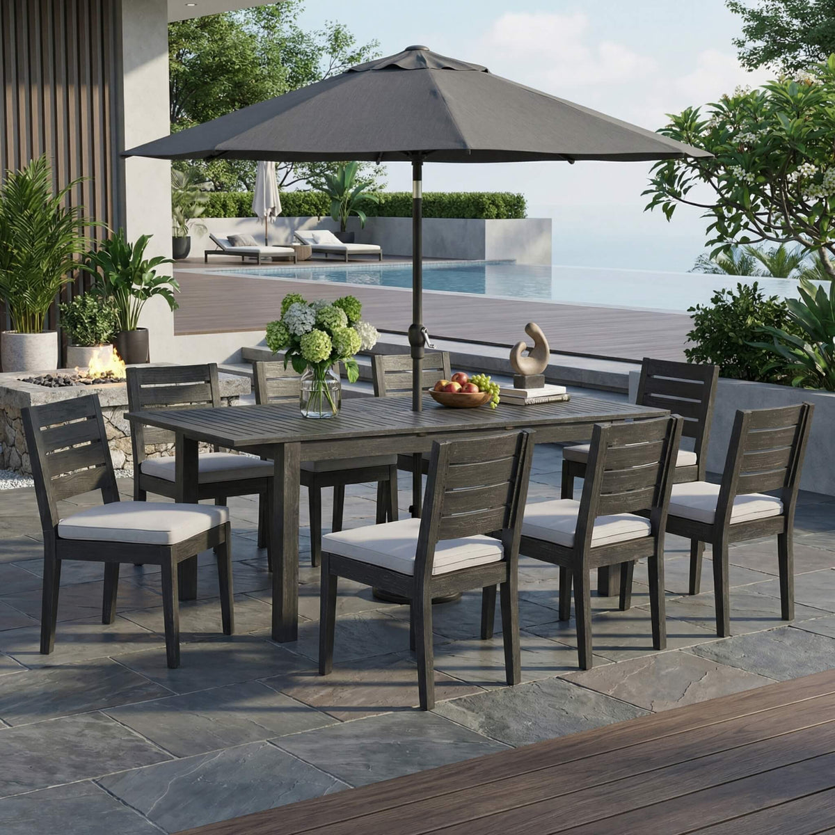 9-Piece Outdoor Dining Set with Extendable Acacia Wood Table and 8 Cushioned Chairs