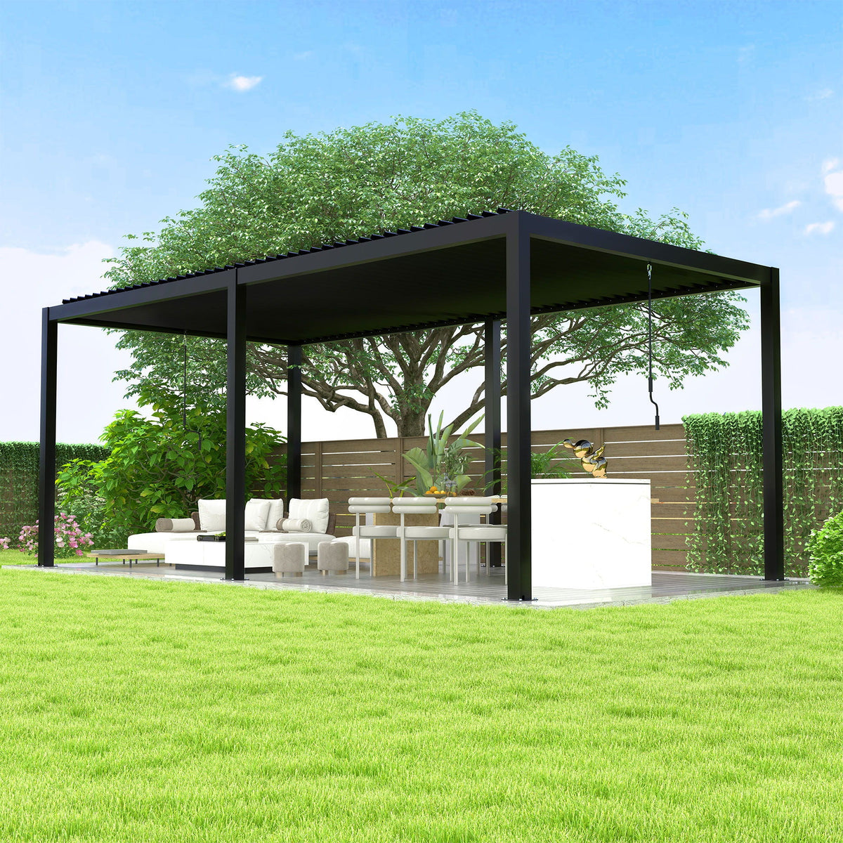 Black Louvered Pergola with Adjustable Roof, Integrated Drainage and Powder-Coated Aluminum Frame – 228 x 118 Inches