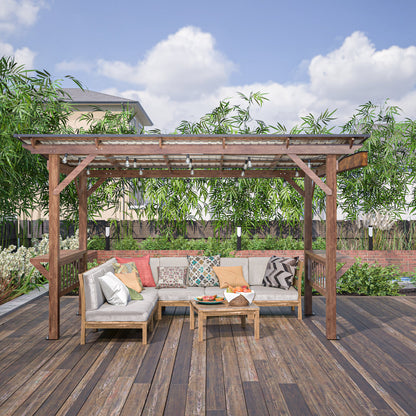 13' x 6.5' Wooden Outdoor Grill Gazebo Pergola with Metal Roof, Bulbs and Bar Counters – Brown