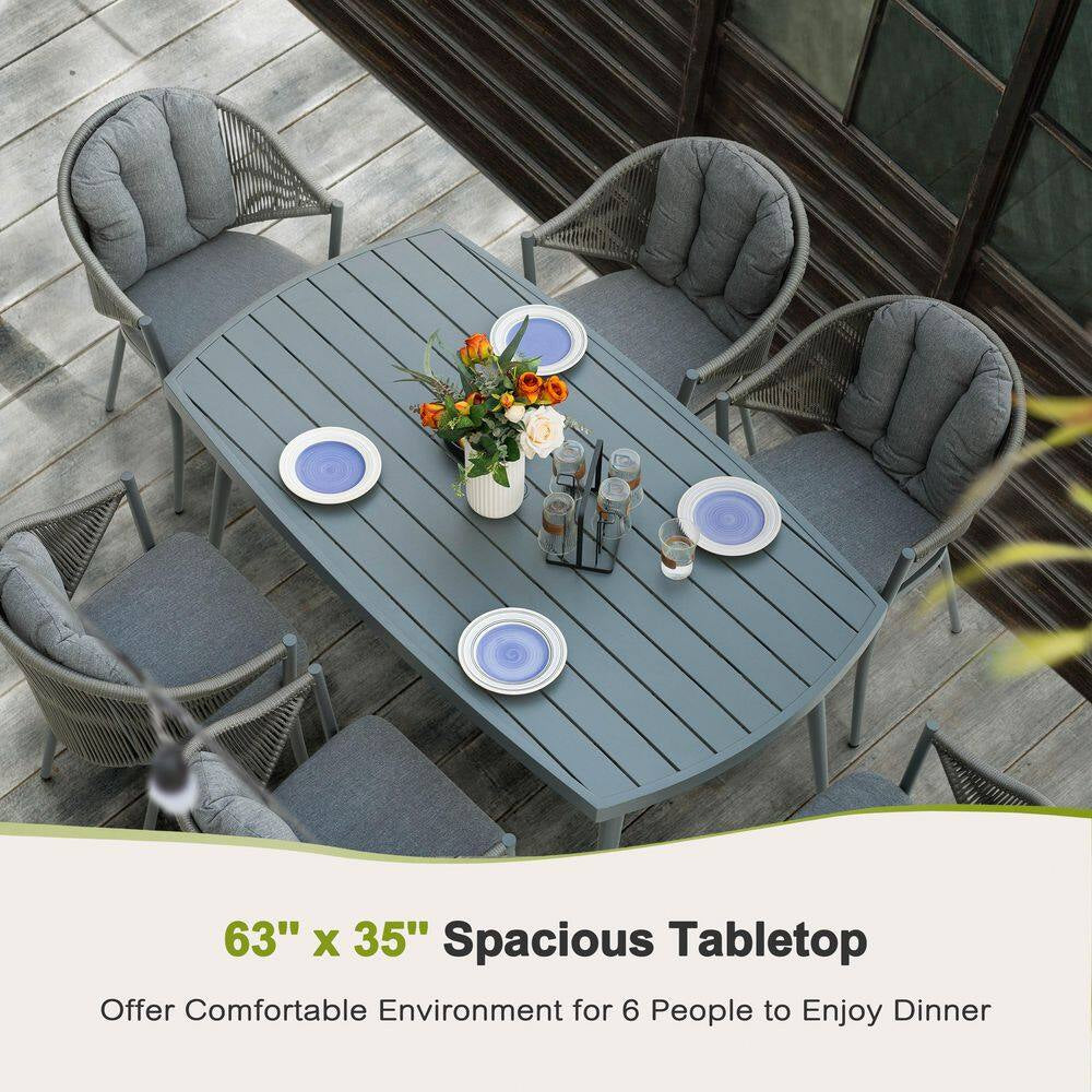 Dark Gray 7-Piece Aluminum and Woven Rope Outdoor Dining Set with Cushions and 2.76 In. Umbrella Hole
