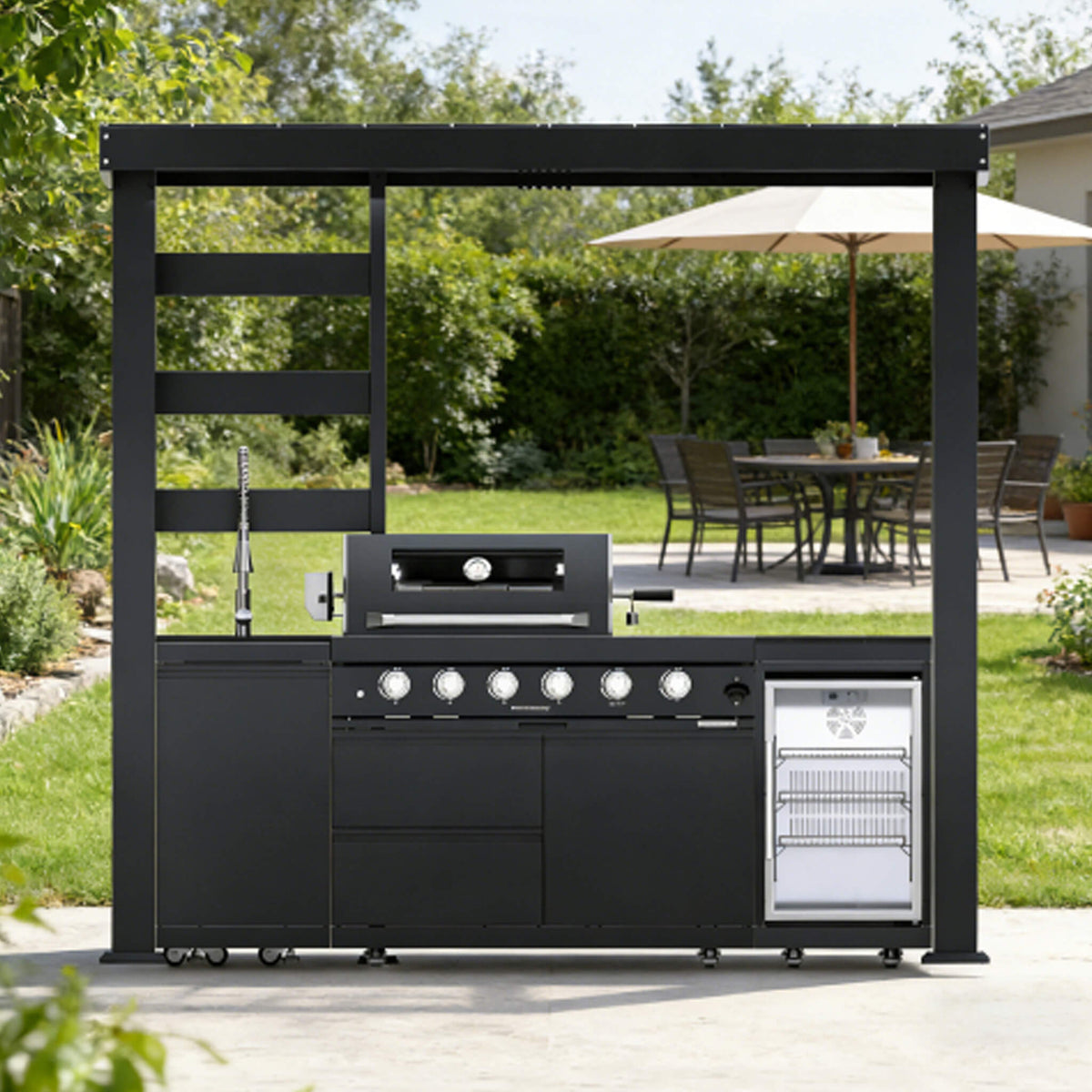 Amalfi 97-Inch 4-Burner Outdoor Kitchen Island with 72,000 BTU Grill, Wine Cooler, Rotisserie and Granite Countertops