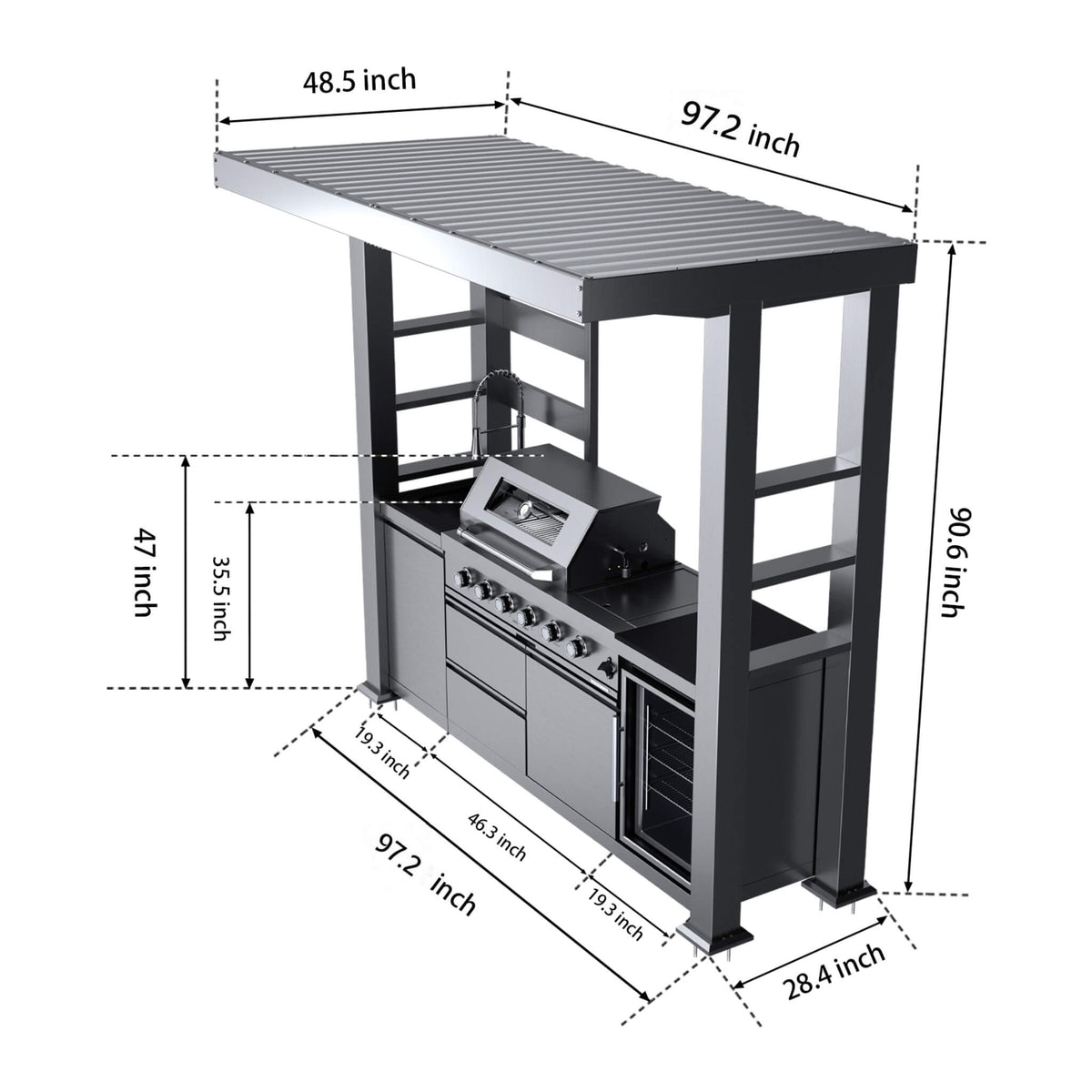 Amalfi 97-Inch 4-Burner Outdoor Kitchen Island with 72,000 BTU Grill, Wine Cooler, Rotisserie and Granite Countertops