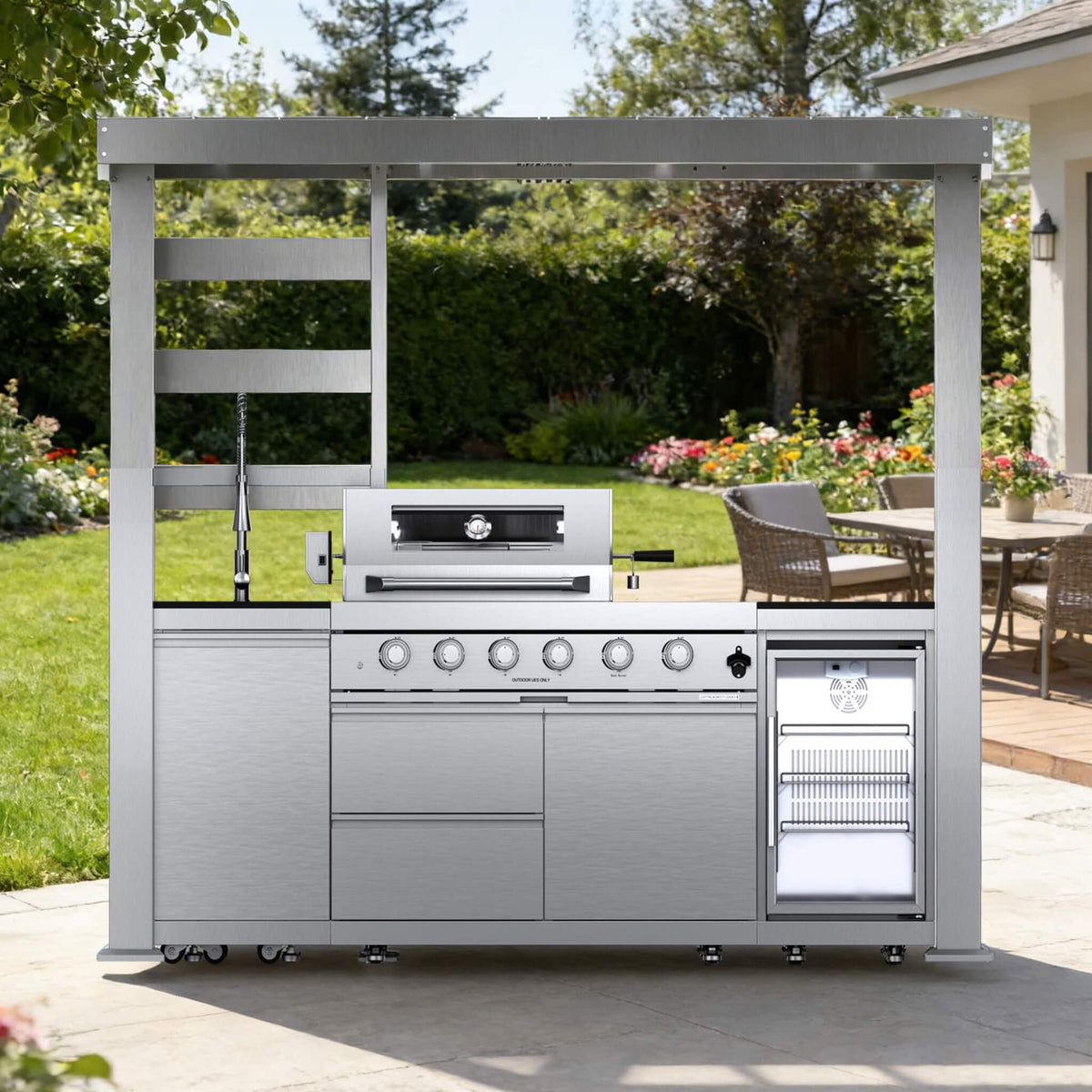 Amalfi 97-Inch 4-Burner Outdoor Kitchen Island with 72,000 BTU Grill, Wine Cooler, Rotisserie and Granite Countertops