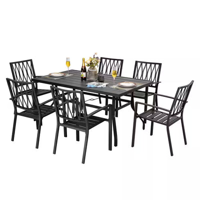 7-Piece Black Iron Outdoor Dining Set with Rectangular Table & 6 Stackable Armchairs