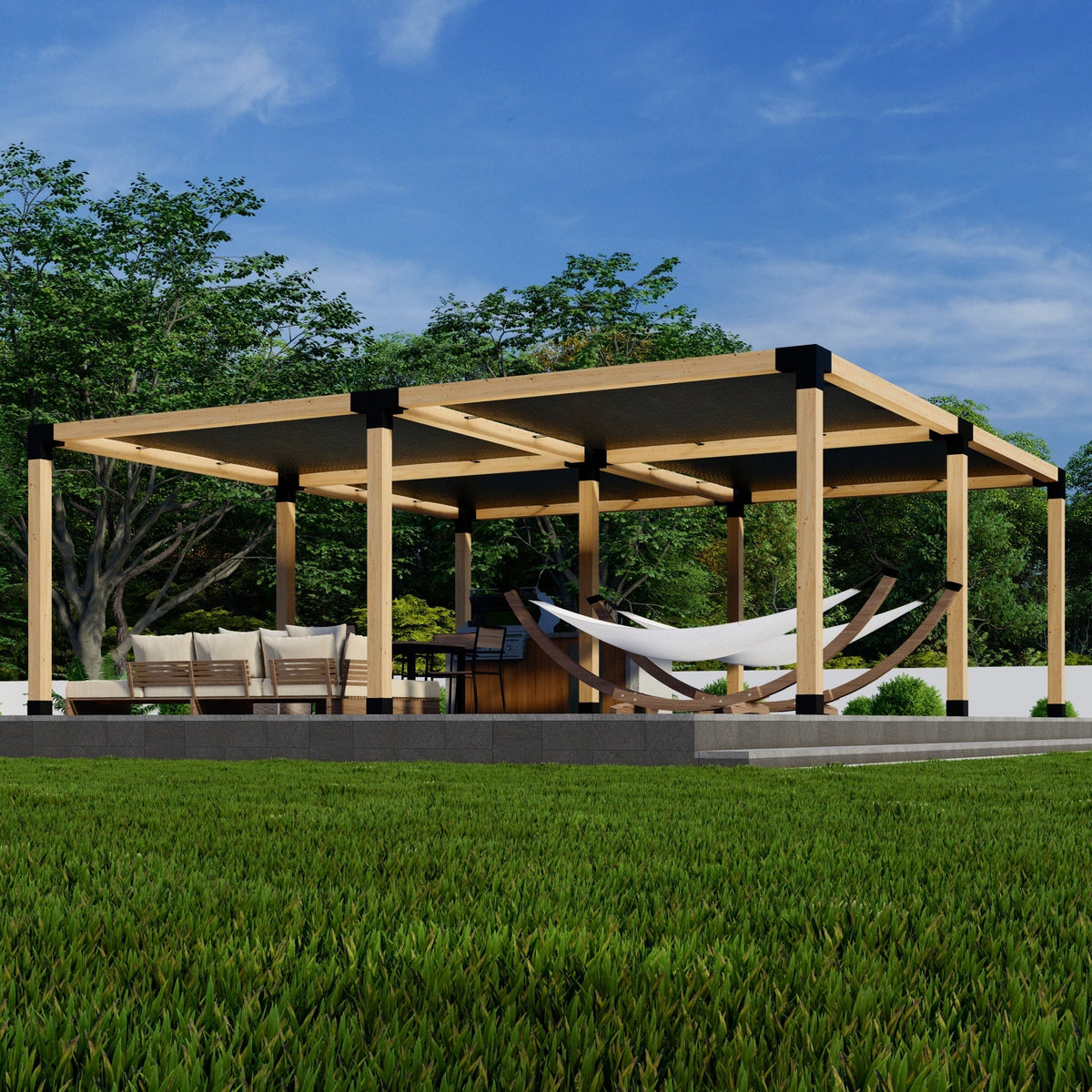 Zen DIY Freestanding Pergola Kit with 4 Shade Canopies – Up to 24' x 24' – 4x4 or 6x6 Brackets