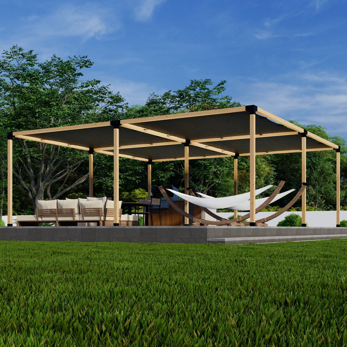 Zen DIY Freestanding Pergola Kit with 4 Shade Canopies – Up to 24' x 24' – 4x4 or 6x6 Brackets