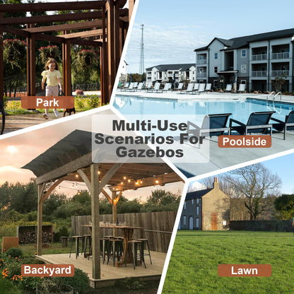 13' x 6.5' Wooden Outdoor Grill Gazebo Pergola with Metal Roof, Bulbs and Bar Counters – Brown