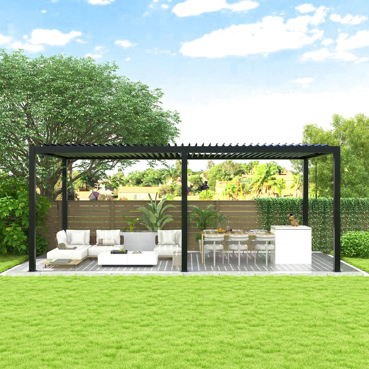 Black Louvered Pergola with Adjustable Roof, Integrated Drainage and Powder-Coated Aluminum Frame – 228 x 118 Inches