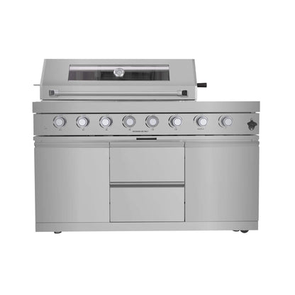 Castelle Flame Capri 96-Inch 6-Burner Outdoor Kitchen Island with 85,000 BTU Grill, ONRUN Refrigerator and Black Granite Countertops
