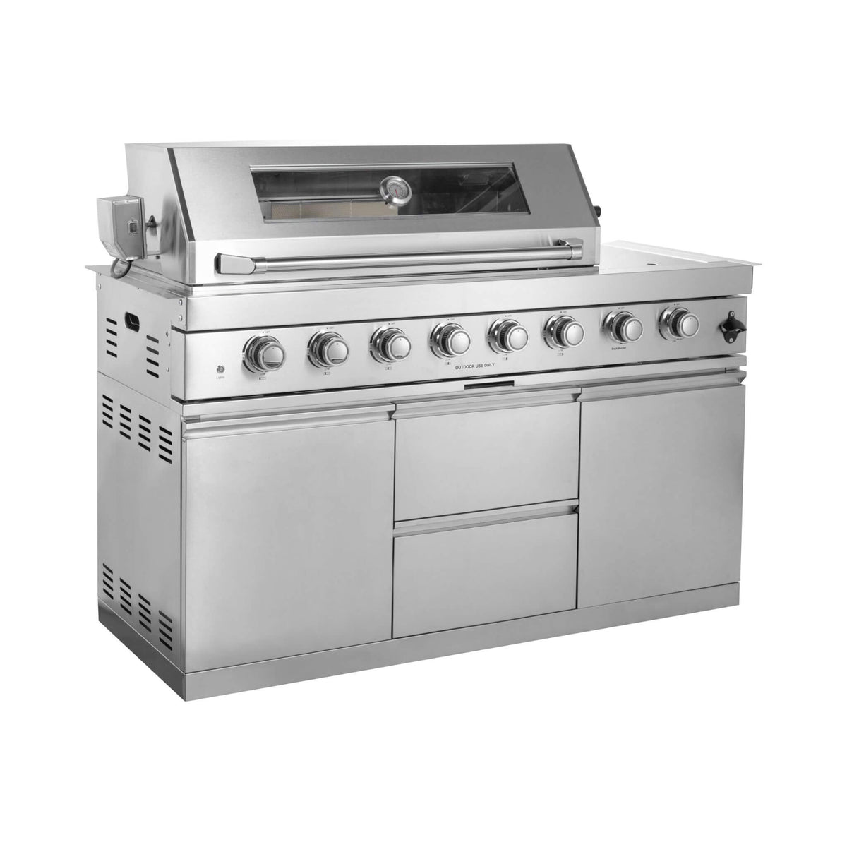 Castelle Flame Capri 96-Inch 6-Burner Outdoor Kitchen Island with 85,000 BTU Grill, ONRUN Refrigerator and Black Granite Countertops