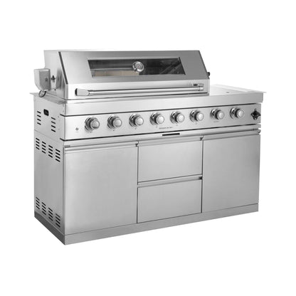 Castelle Flame Capri 96-Inch 6-Burner Outdoor Kitchen Island with 85,000 BTU Grill, ONRUN Refrigerator and Black Granite Countertops