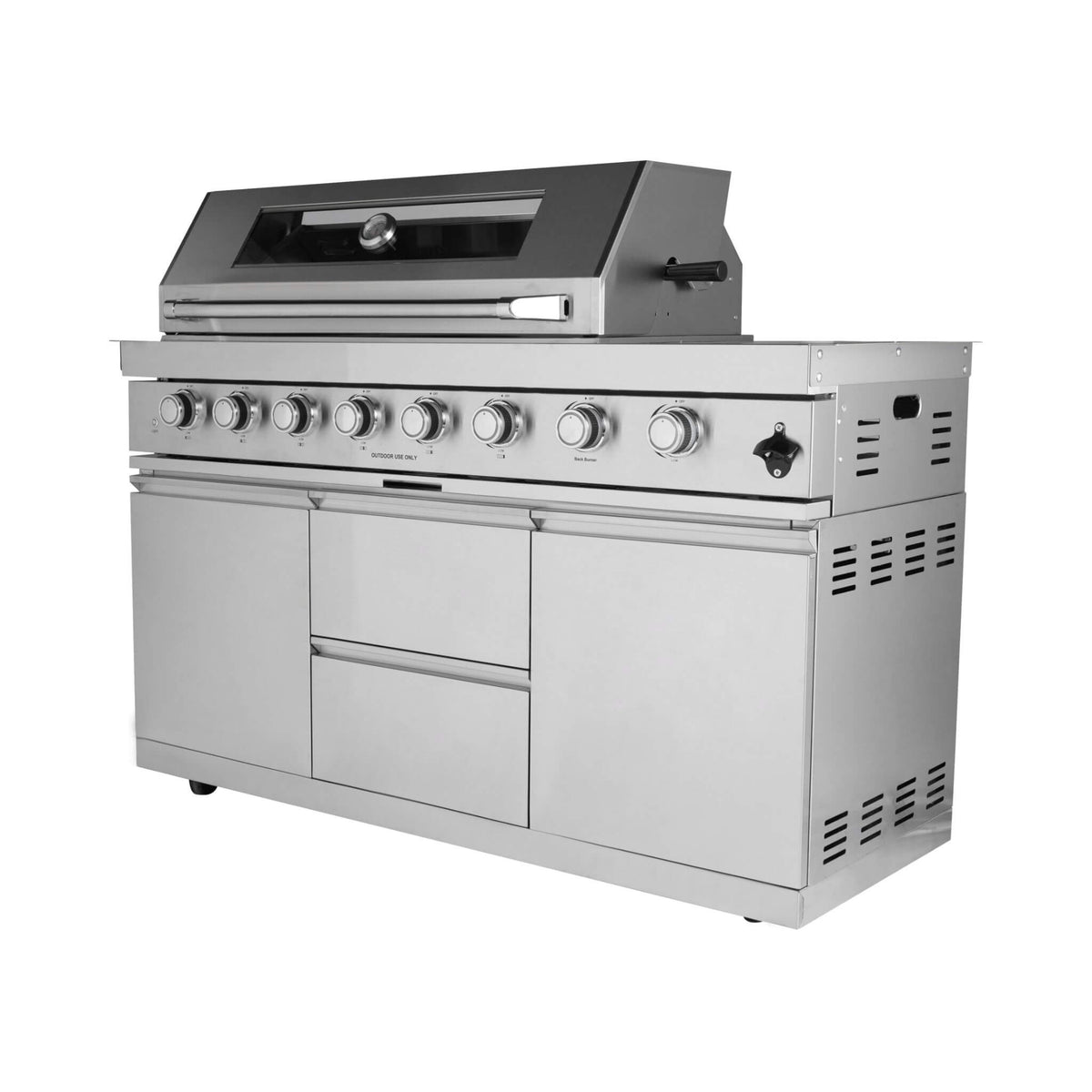 Castelle Flame Capri 96-Inch 6-Burner Outdoor Kitchen Island with 85,000 BTU Grill, ONRUN Refrigerator and Black Granite Countertops