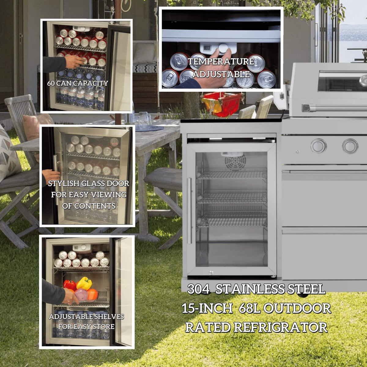 Castelle Flame Capri 96-Inch 6-Burner Outdoor Kitchen Island with 85,000 BTU Grill, ONRUN Refrigerator and Black Granite Countertops