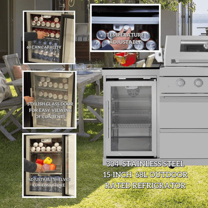 Castelle Flame Capri 96-Inch 6-Burner Outdoor Kitchen Island with 85,000 BTU Grill, ONRUN Refrigerator and Black Granite Countertops