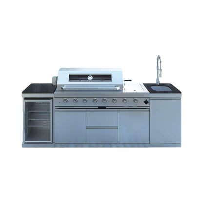 Castelle Flame Capri 96-Inch 6-Burner Outdoor Kitchen Island with 85,000 BTU Grill, ONRUN Refrigerator and Black Granite Countertops