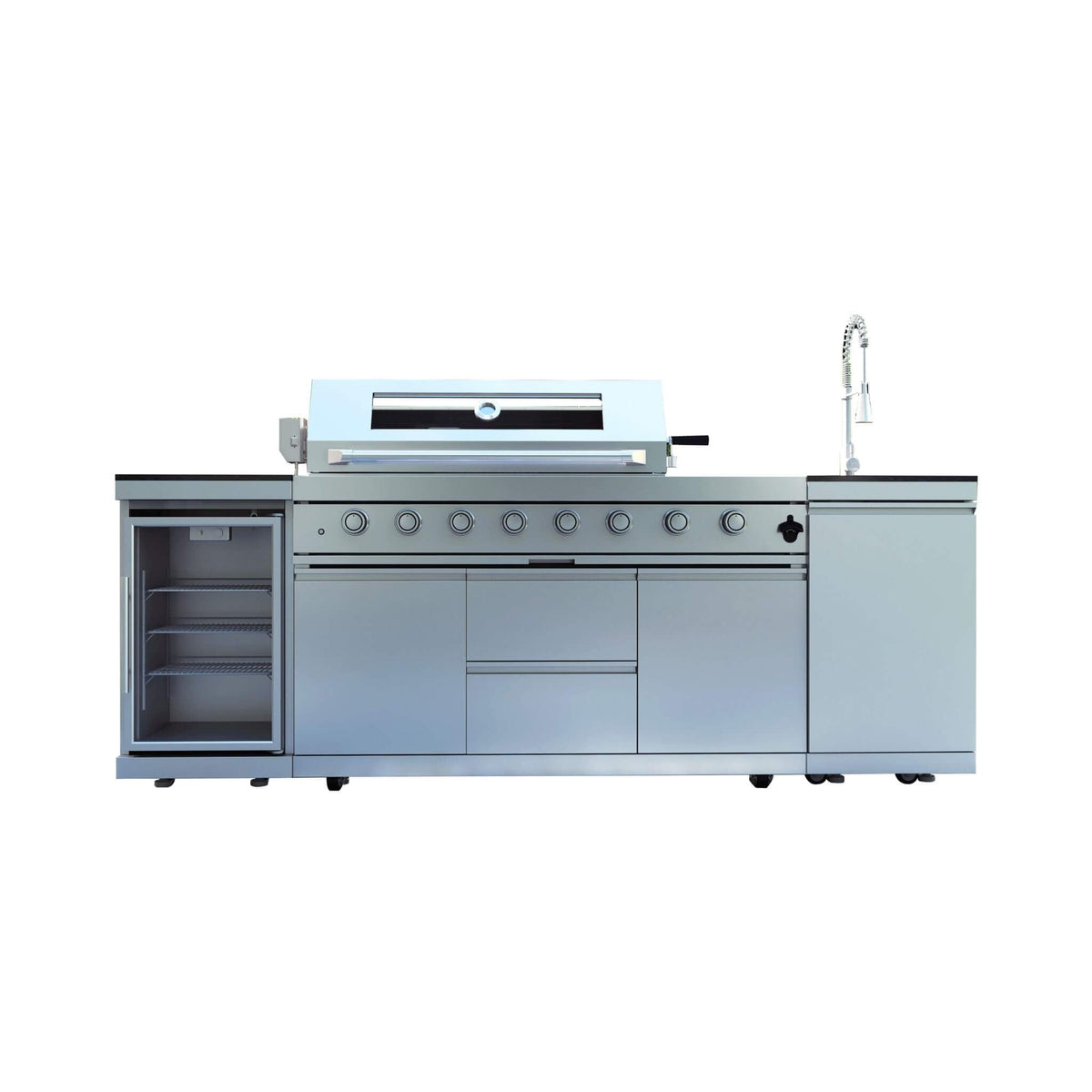 Castelle Flame Capri 96-Inch 6-Burner Outdoor Kitchen Island with 85,000 BTU Grill, ONRUN Refrigerator and Black Granite Countertops