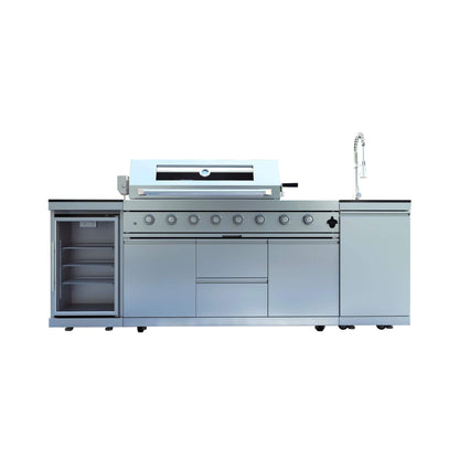 Castelle Flame Capri 96-Inch 6-Burner Outdoor Kitchen Island with 85,000 BTU Grill, ONRUN Refrigerator and Black Granite Countertops