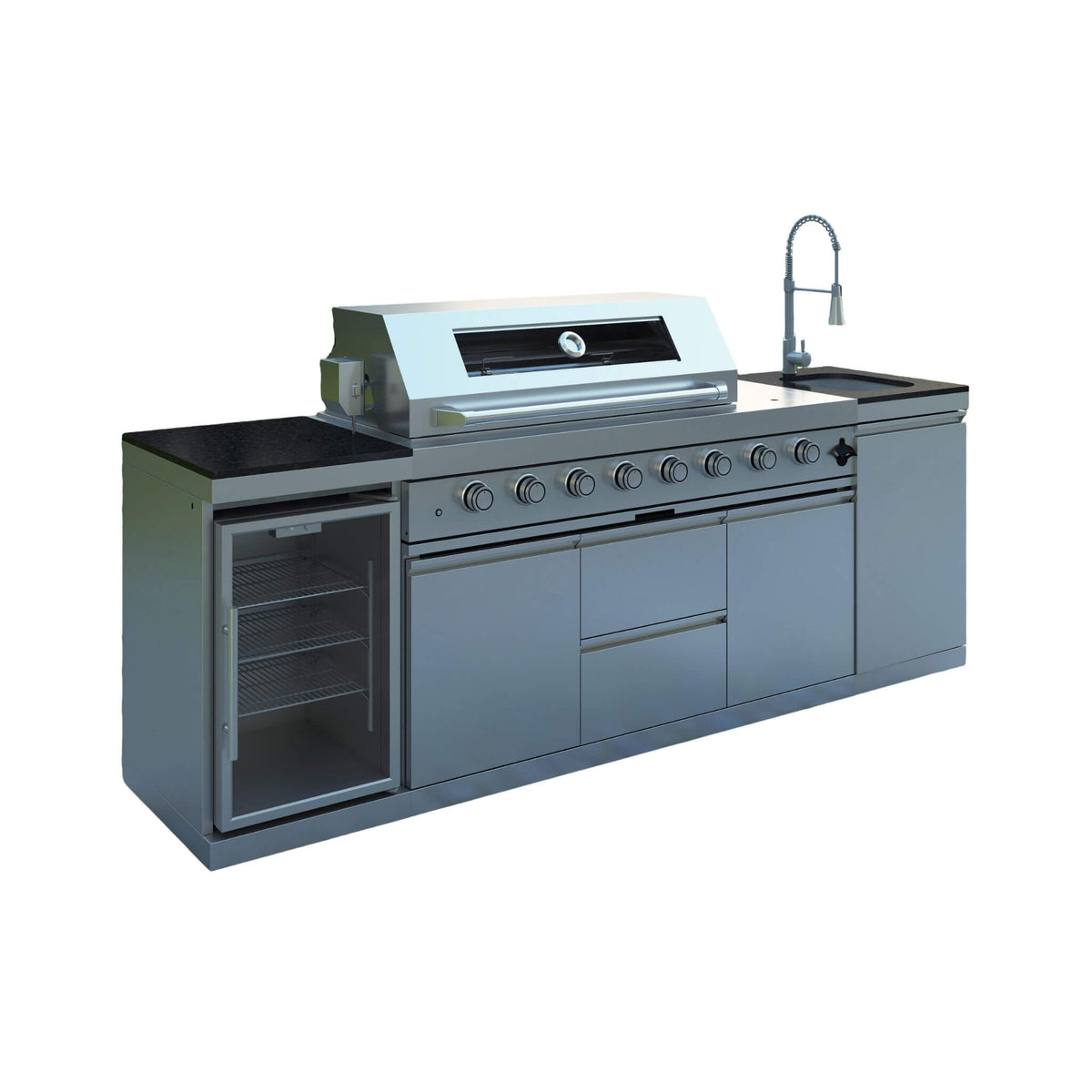 Castelle Flame Capri 96-Inch 6-Burner Outdoor Kitchen Island with 85,000 BTU Grill, ONRUN Refrigerator and Black Granite Countertops