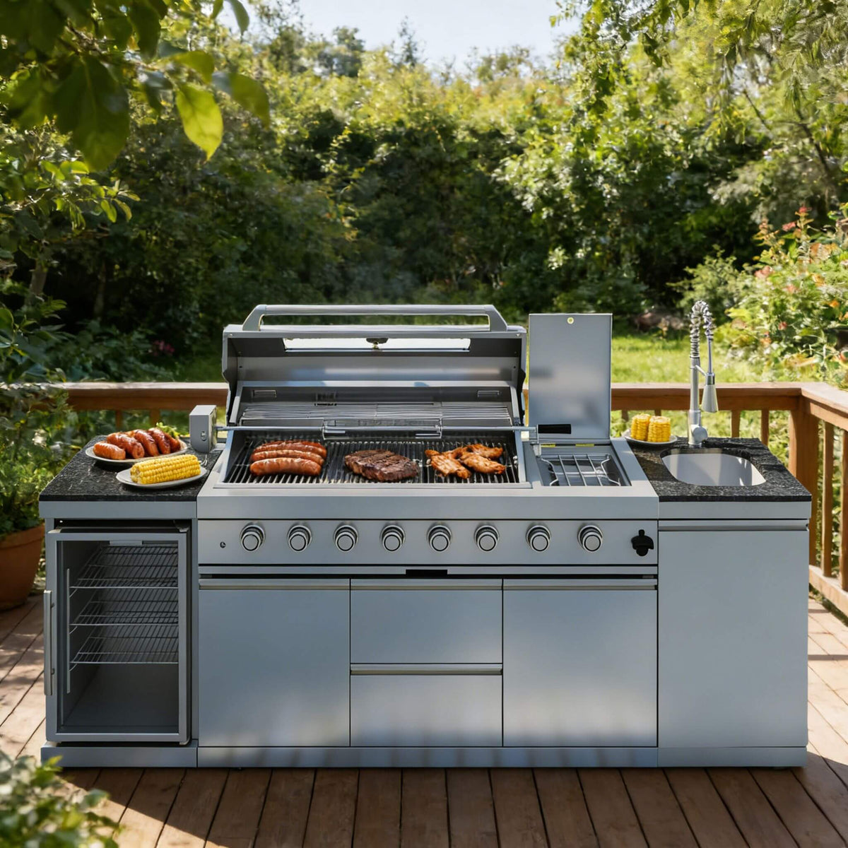 Castelle Flame Capri 96-Inch 6-Burner Outdoor Kitchen Island with 85,000 BTU Grill, ONRUN Refrigerator and Black Granite Countertops