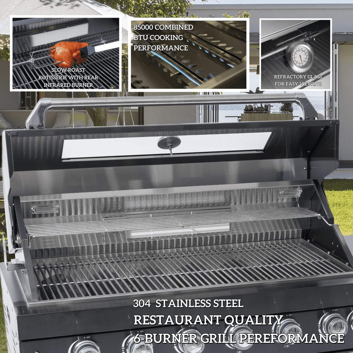 Castelle Flame Capri 96-Inch 6-Burner Outdoor Kitchen Island with 85,000 BTU Grill, ONRUN Refrigerator and Black Granite Countertops