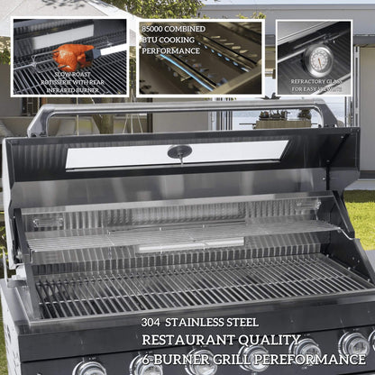 Castelle Flame Capri 96-Inch 6-Burner Outdoor Kitchen Island with 85,000 BTU Grill, ONRUN Refrigerator and Black Granite Countertops