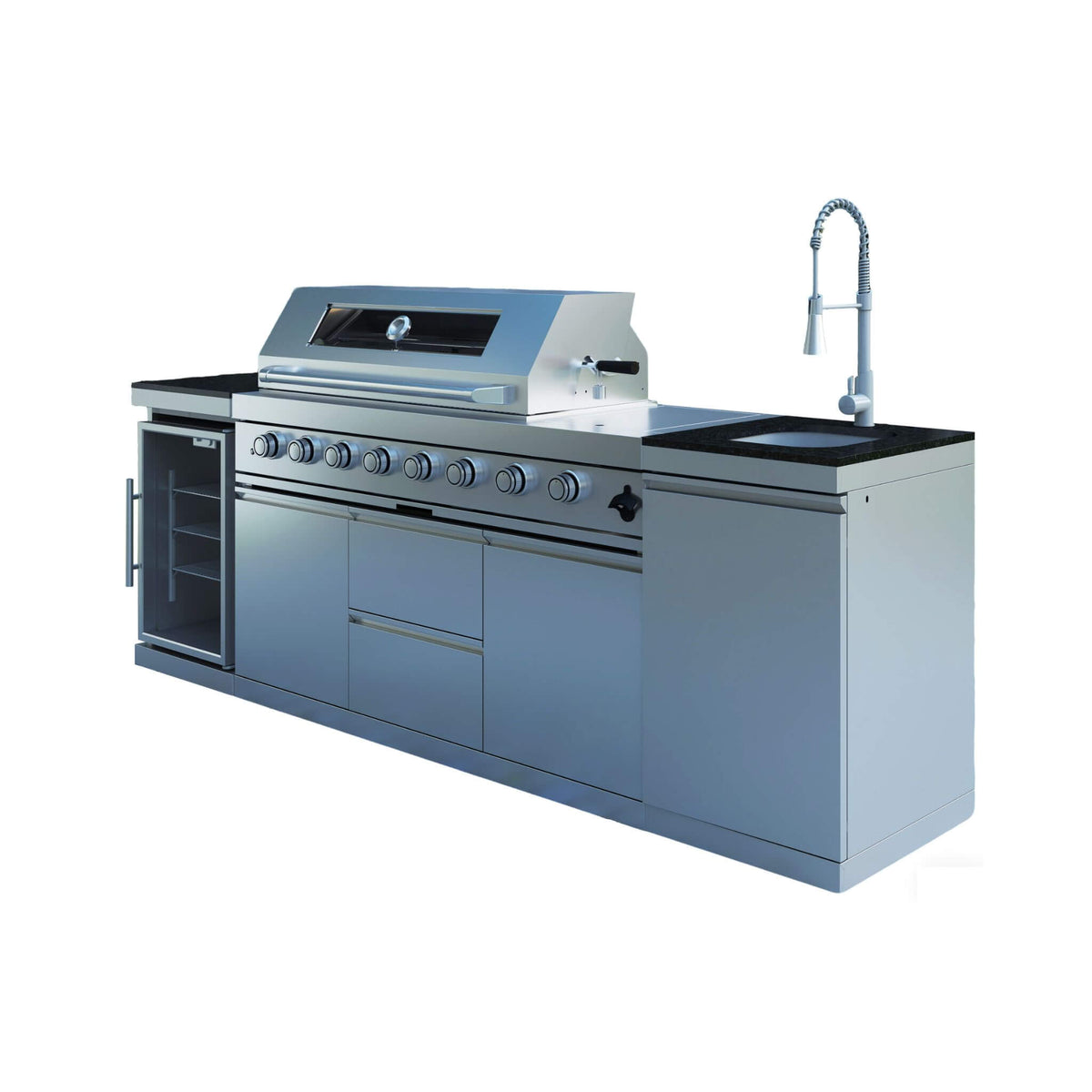 Castelle Flame Capri 96-Inch 6-Burner Outdoor Kitchen Island with 85,000 BTU Grill, ONRUN Refrigerator and Black Granite Countertops