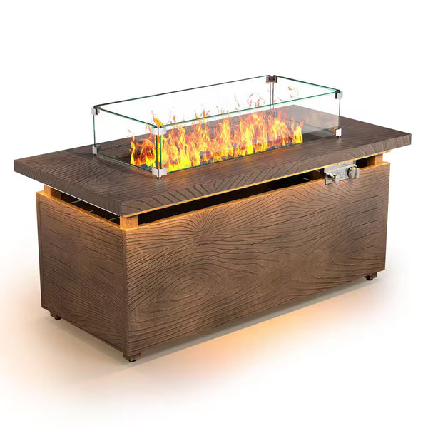 51" Rectangular Propane Fire Pit Table – 50,000 BTU with LED Lights & Brown Woodgrain Finish