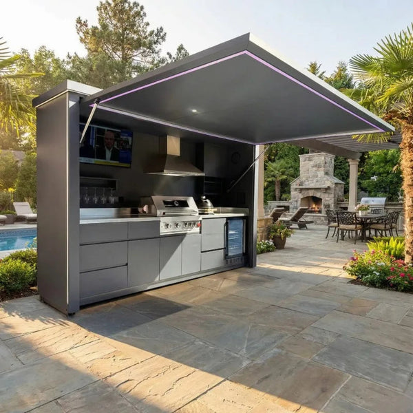 Customizable 304 Stainless Steel Outdoor Kitchen BBQ Pod with Shelter & Modular Cabinets