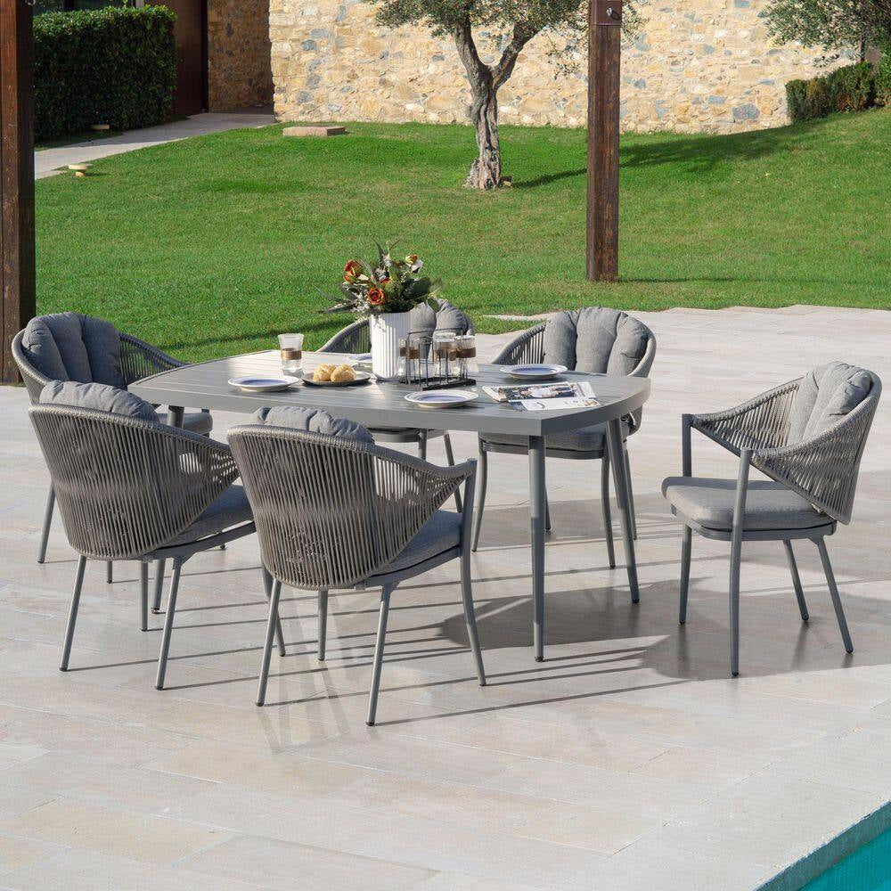 Dark Gray 7-Piece Aluminum and Woven Rope Outdoor Dining Set with Cushions and 2.76 In. Umbrella Hole