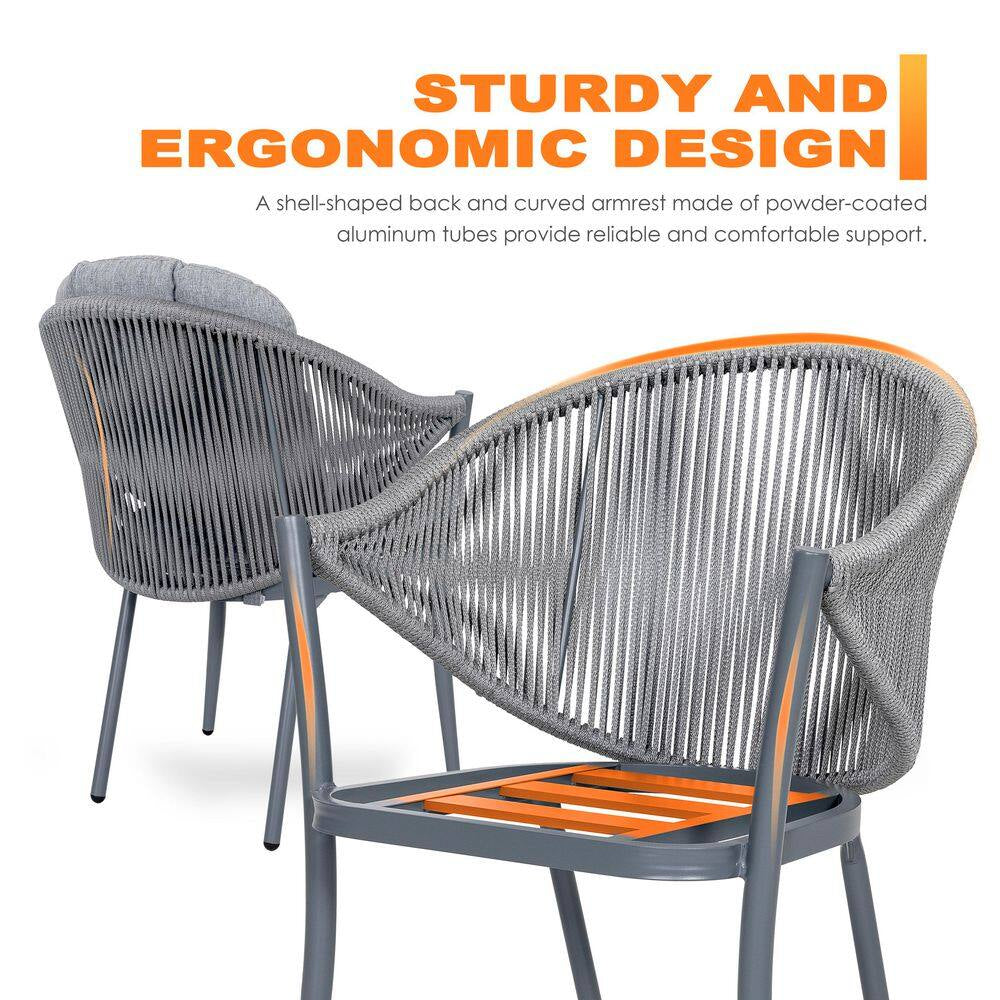 Dark Gray 7-Piece Aluminum and Woven Rope Outdoor Dining Set with Cushions and 2.76 In. Umbrella Hole