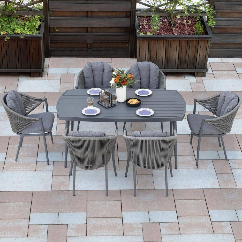 Dark Gray 7-Piece Aluminum and Woven Rope Outdoor Dining Set with Cushions and 2.76 In. Umbrella Hole
