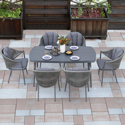 Dark Gray 7-Piece Aluminum and Woven Rope Outdoor Dining Set with Cushions and 2.76 In. Umbrella Hole