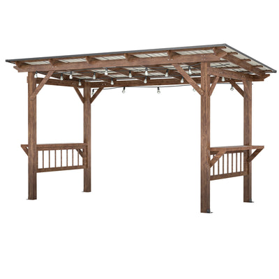 13' x 6.5' Wooden Outdoor Grill Gazebo Pergola with Metal Roof, Bulbs and Bar Counters – Brown