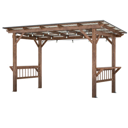 13' x 6.5' Wooden Outdoor Grill Gazebo Pergola with Metal Roof, Bulbs and Bar Counters – Brown