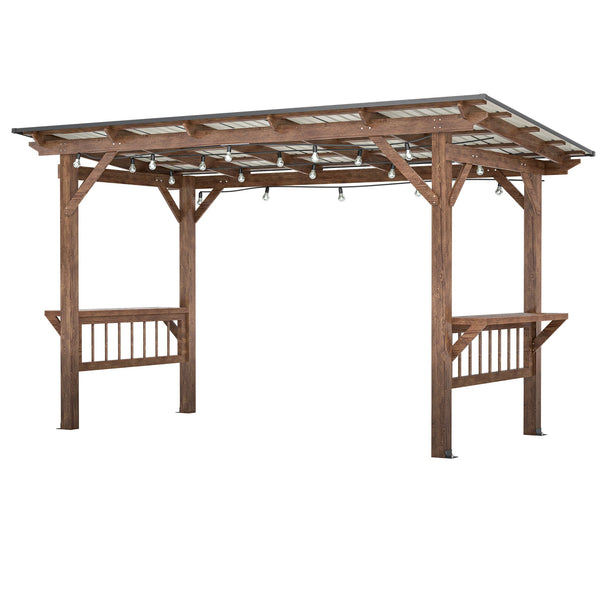 13' x 6.5' Wooden Outdoor Grill Gazebo Pergola with Metal Roof, Bulbs and Bar Counters – Brown