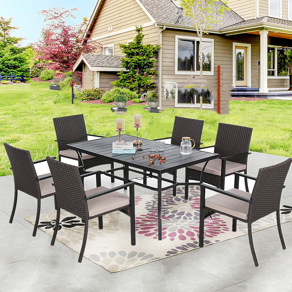 7-Piece Outdoor Patio Dining Set with Rattan Wicker Chairs, Beige Cushions & Rectangular Table